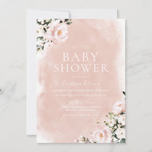 Invitation Baby shower d'aquarelle florale blanc et blanc (Devant)