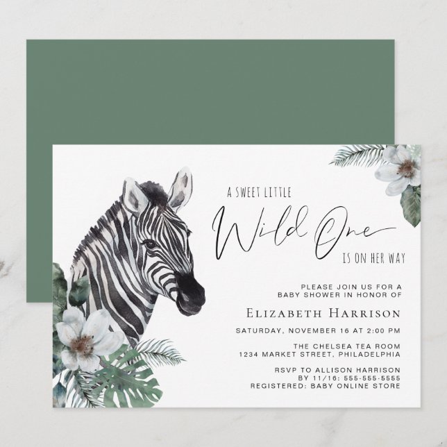 Invitation Baby shower d'aquarelle florale Boho Zebra (Devant / Derrière)