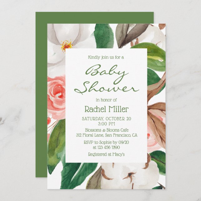 Invitation Baby shower d'aquarelle florale moderne chic (Devant / Derrière)