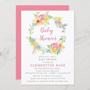 Invitation Baby shower d'aquarelle florale rose été brillant