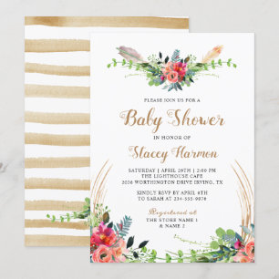 Invitation Baby shower d'aquarelle florale rustique de Bohême