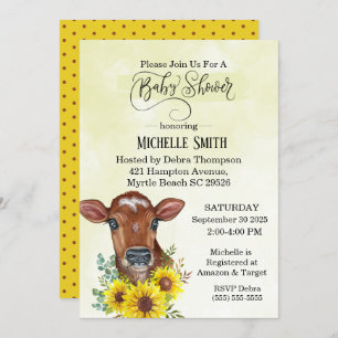 Invitation Baby shower d'aquarelle jaune de la vache de ferme