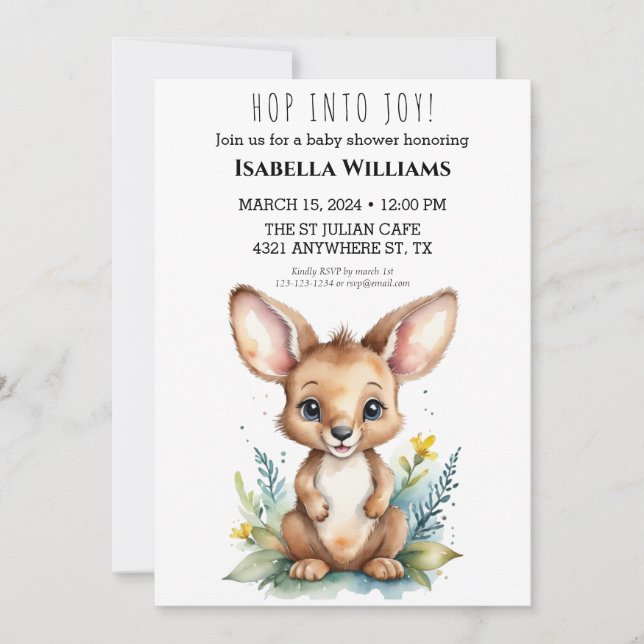 Invitation Baby shower d'aquarelle Joy Cute Kangaroo (Devant)