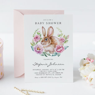 Invitation Baby shower d'aquarelle lapin et fleurs roses