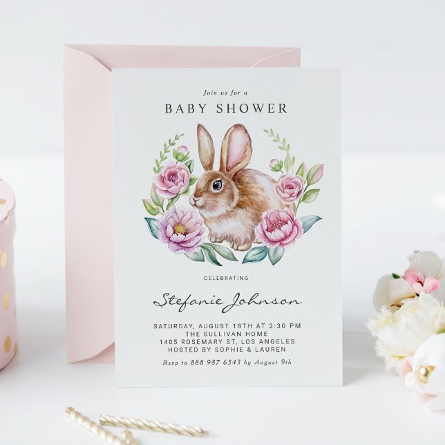 Invitation Baby shower d'aquarelle lapin et fleurs roses (Créateur téléchargé)