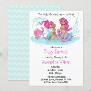 Invitation Baby shower d'aquarelle Little Brown Twin Mermaids