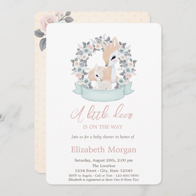 Invitation Baby shower d'aquarelle Little Deer Flowers (Devant / Derrière)