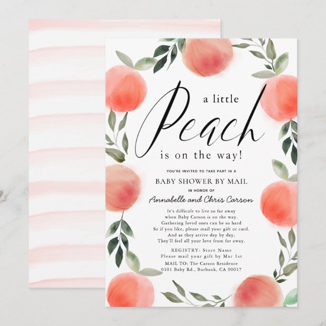 Invitation Baby shower d'aquarelle Little Peach par courrier (Devant / Derrière)
