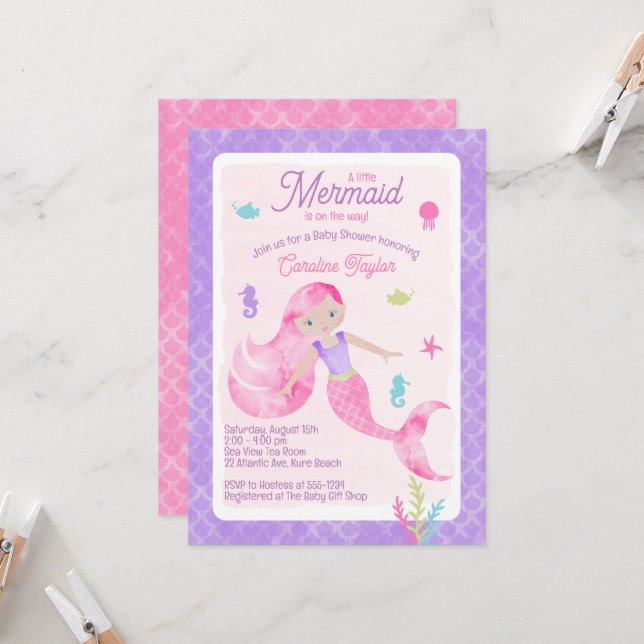 Invitation Baby shower d'aquarelle mauve-rose (Devant/Arrière en situation)