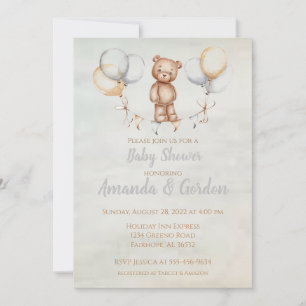 Invitation Baby shower d'aquarelle mignonne à ours en peluche