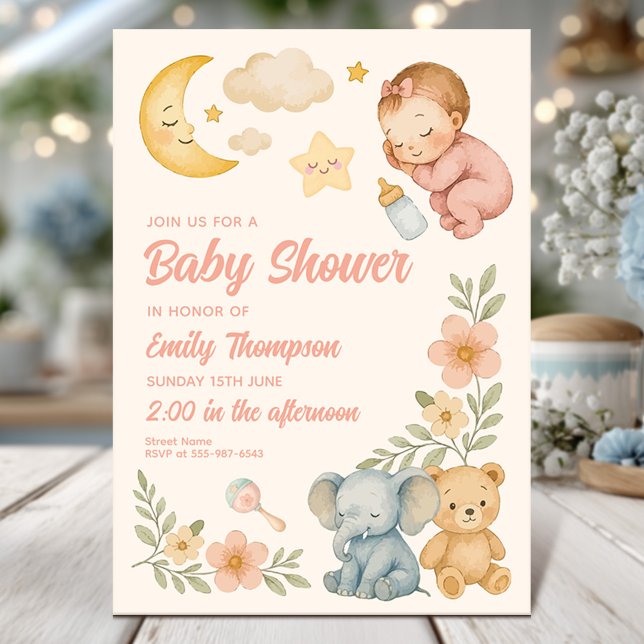 Invitation Baby shower d'aquarelle mignonne Animaux (Créateur téléchargé)