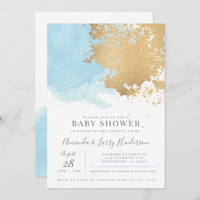 Invitation Baby shower d'aquarelle moderne bleu et or (Devant / Derrière)