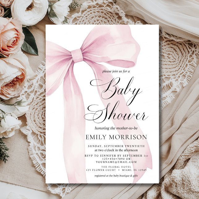 Invitation Baby shower d'aquarelle moderne Blush Rose Bow Gir (Créateur téléchargé)