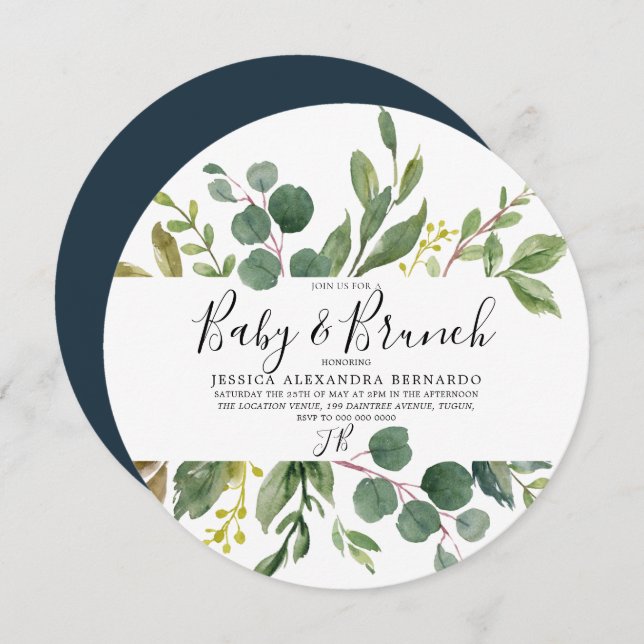 Invitation Baby shower d'aquarelle moderne en feuilles vertes (Devant / Derrière)
