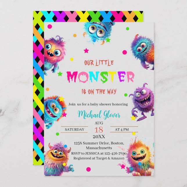 Invitation Baby shower d'aquarelle moderne Little Monsters In (Devant / Derrière)