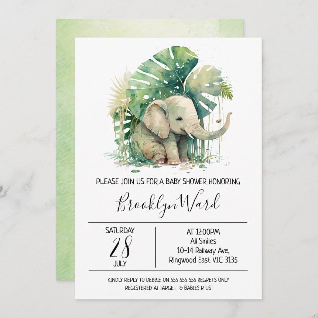 Invitation Baby shower d'aquarelle neutre pour les éléphants (Devant / Derrière)
