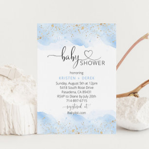 Invitation Baby shower d'aquarelle or et bleu