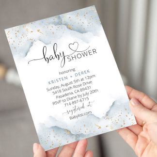 Invitation Baby shower d'aquarelle or et bleu Dusty