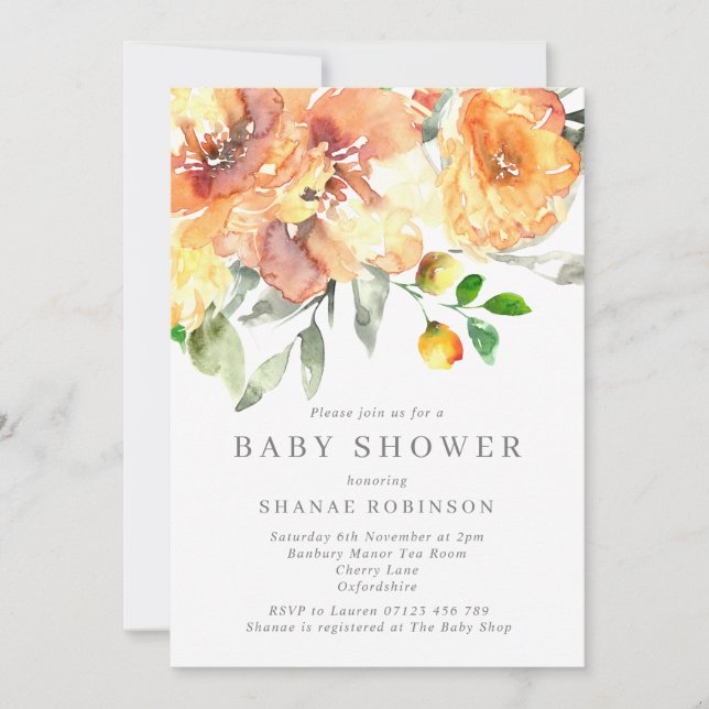 Invitation Baby shower d'aquarelle orange de automne (Devant)