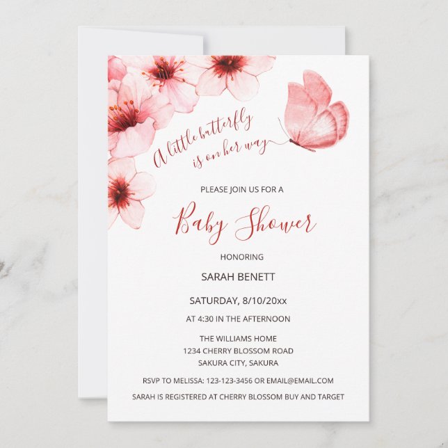 Invitation Baby shower d'aquarelle papillon cerise en fleurs (Devant)