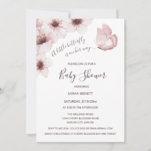 Invitation Baby shower d'aquarelle papillon cerise en fleurs
