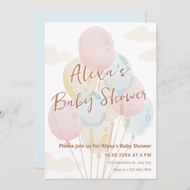 Invitation Baby shower d'aquarelle pastel Balloons (Devant / Derrière)
