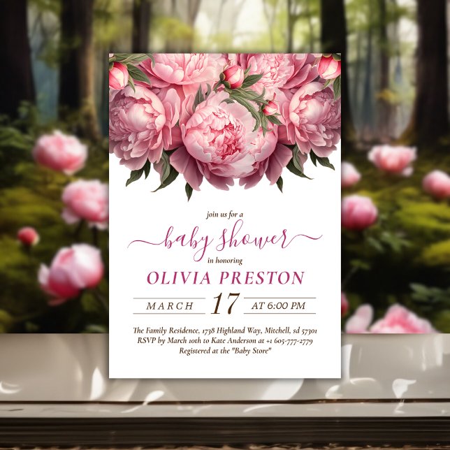 Invitation Baby shower d'aquarelle Pink Peonies (Pink Peonies Watercolor Baby Shower Invitation)