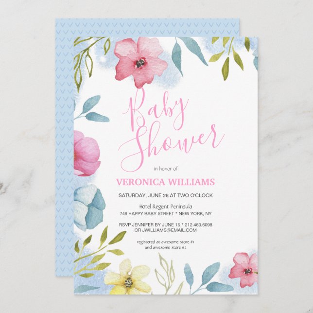 Invitation Baby shower d'aquarelle pour les filles rose-print (Devant / Derrière)