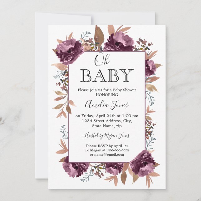 Invitation Baby shower d'aquarelle pourpre (Devant)