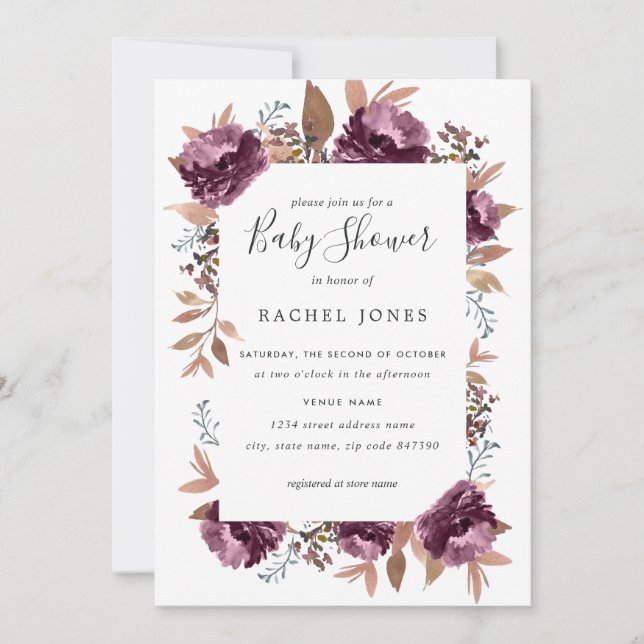 Invitation Baby shower d'aquarelle pourpre en fleur Invitatio (Devant)