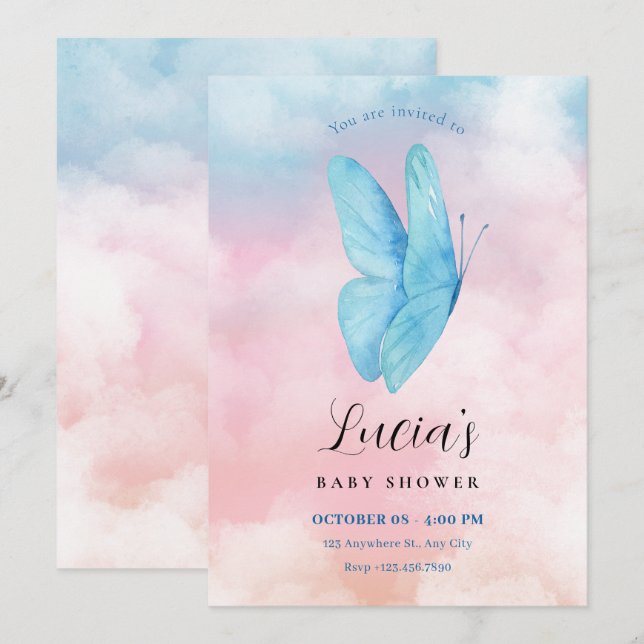 Invitation Baby shower d'aquarelle rêvée papillon esthétique (Devant / Derrière)