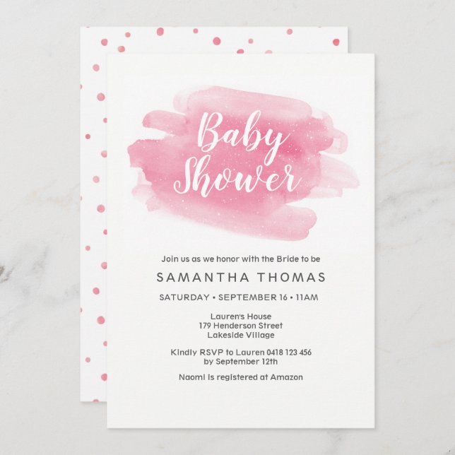 Invitation Baby shower d'aquarelle rose (Devant / Derrière)