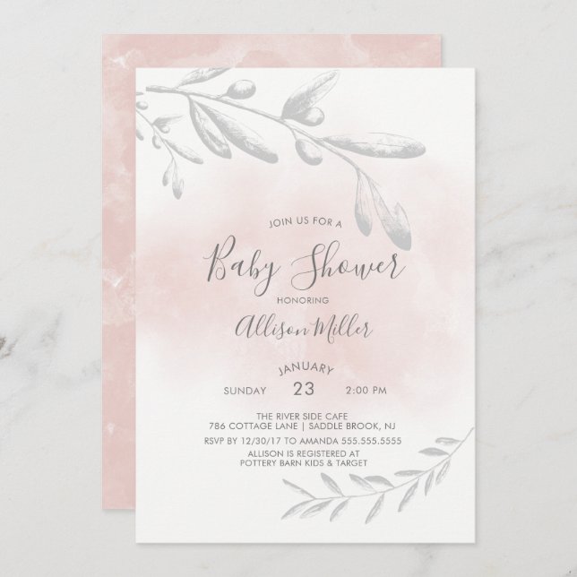 Invitation Baby shower d'aquarelle rose (Devant / Derrière)