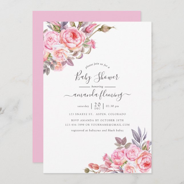 Invitation Baby shower d'aquarelle rose (Devant / Derrière)