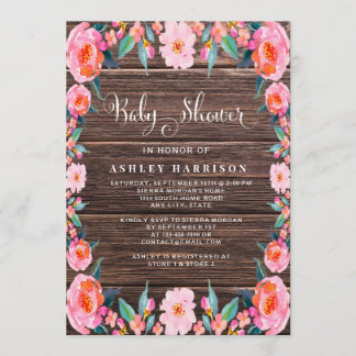 Invitation Baby shower d'aquarelle rose bois rustique