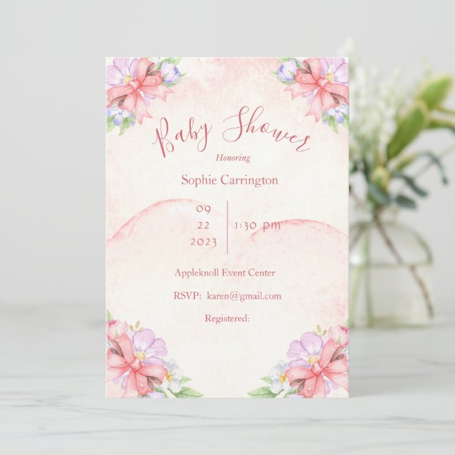 Invitation Baby shower d'aquarelle rose fleurie (Debout devant)
