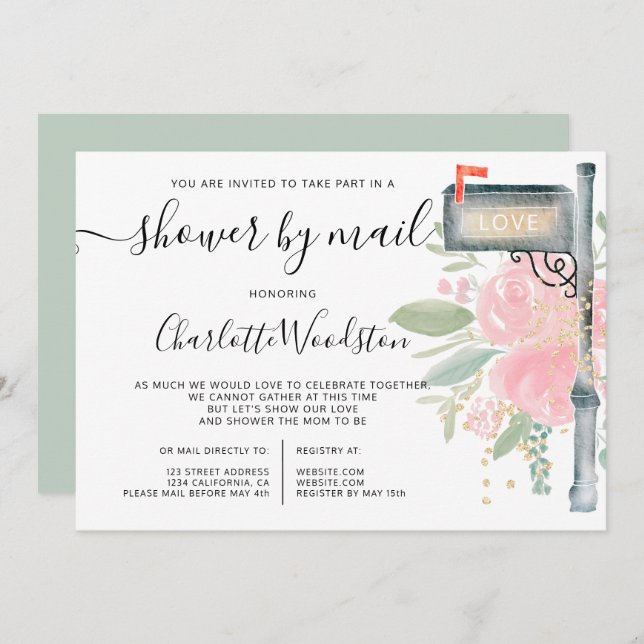 Invitation baby shower d'aquarelle rose florale par boîte aux (Devant / Derrière)