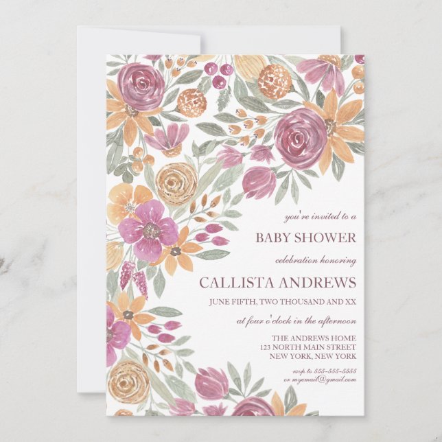 Invitation Baby shower d'aquarelle rose jaune doré (Devant)