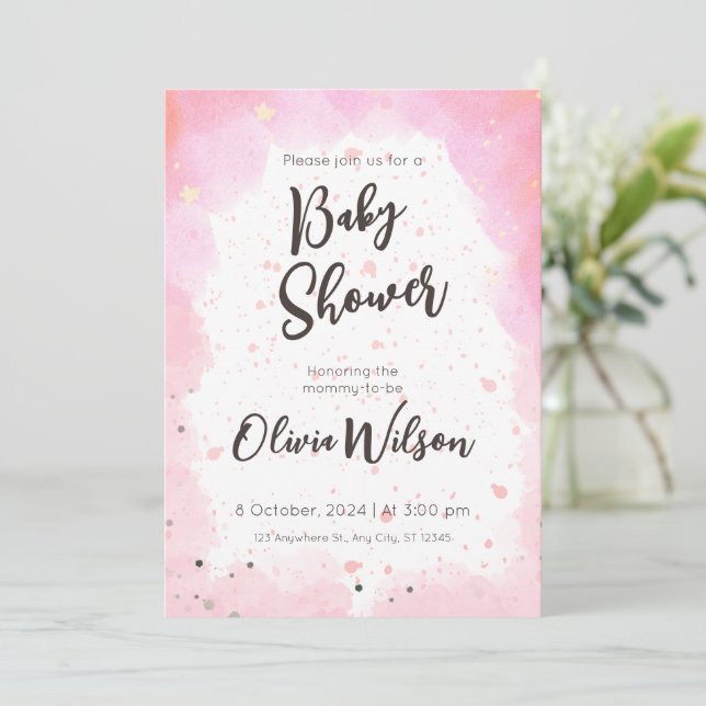 Invitation Baby shower d'aquarelle rose, Oh Baby shower fille (Debout devant)