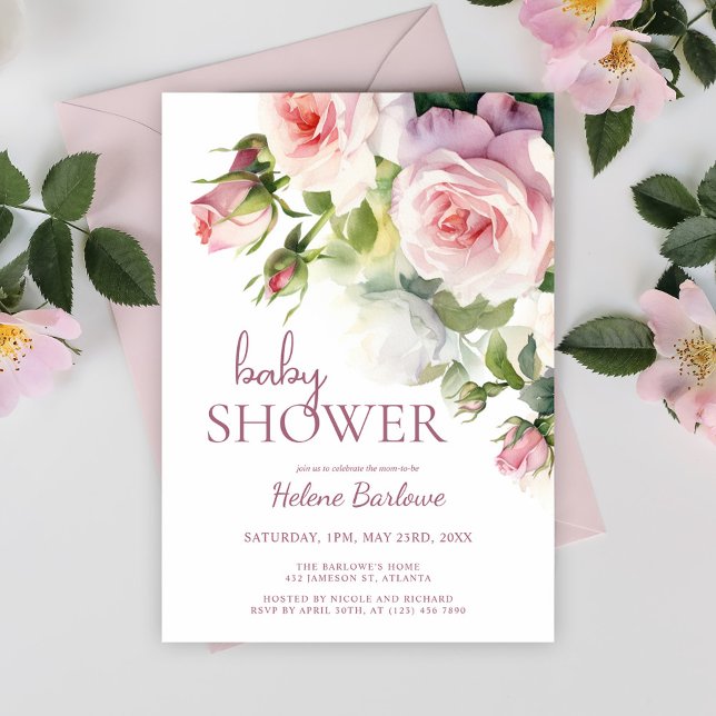 Invitation Baby shower d'aquarelle rose pâle (Blush Pink Floral Watercolor Baby Shower Invitation)