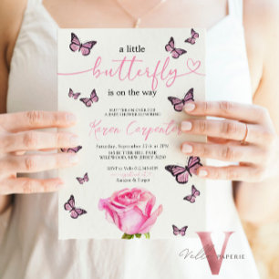 Invitation Baby shower d'aquarelle rose papillon