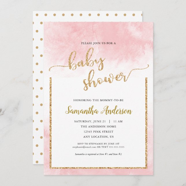 Invitation Baby shower d'aquarelle rose Parties scintillant o (Devant / Derrière)