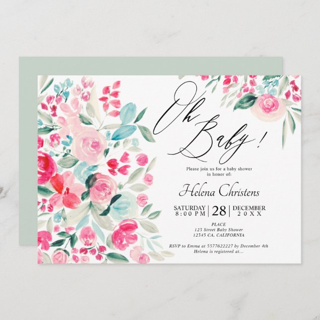 Invitation Baby shower d'aquarelle rose pastel (Devant / Derrière)