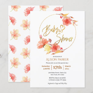Invitation Baby shower d'aquarelle rouge or fleuri