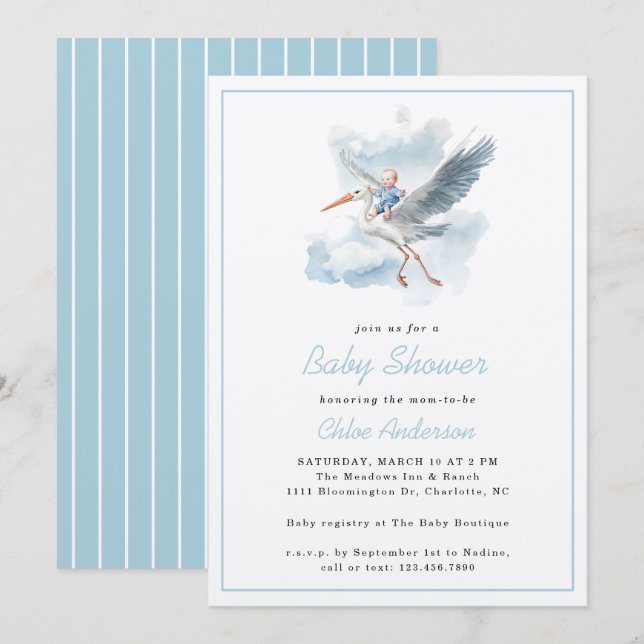 Invitation Baby shower d'aquarelle Stork Blue Baby Boy (Devant / Derrière)