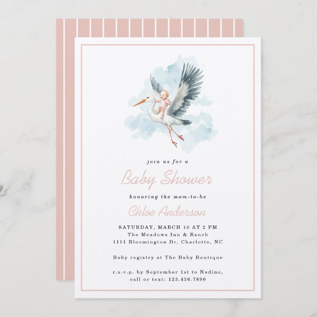 Invitation Baby shower d'aquarelle Stork Rose Baby Girl (Devant / Derrière)
