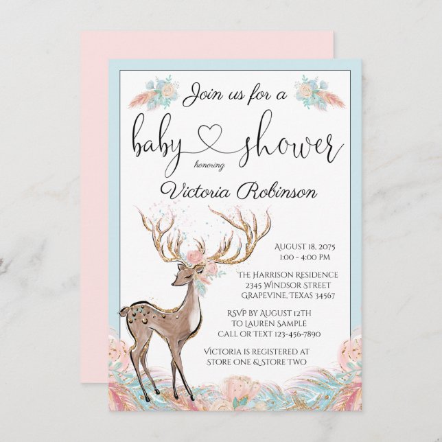 Invitation Baby shower d'aquarelle Turquoise rose cerf (Devant / Derrière)