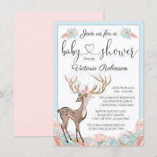 Invitation Baby shower d'aquarelle Turquoise rose cerf