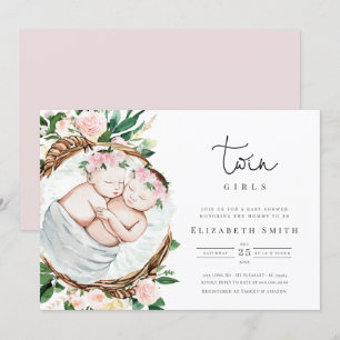 Invitation Baby shower d'aquarelle Twins Pink Florals