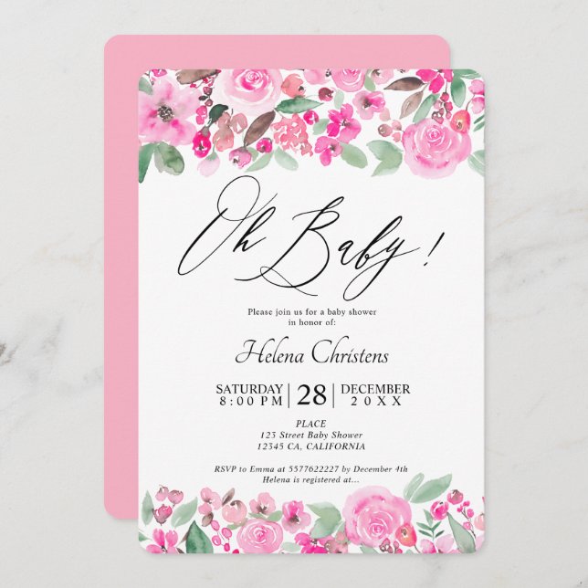 Invitation Baby shower d'aquarelle vert rose (Devant / Derrière)